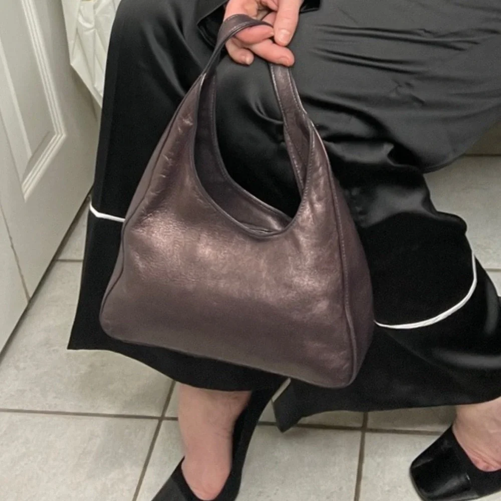 Auth Prada Rare 1998 Asymmetric Mordore mini Hobo Bag Leather metallic purple